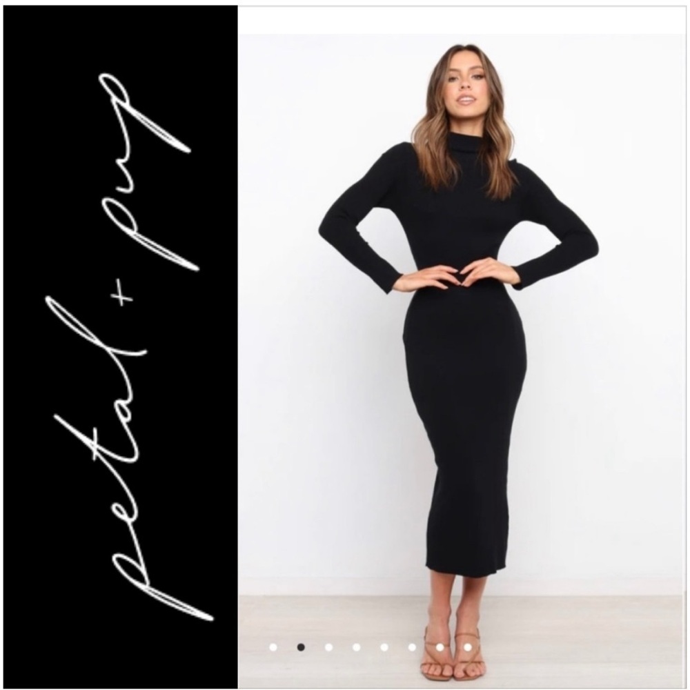 Petal and Pup Turtleneck Ribbed Elegant Black Midi Dress. Size L /XL